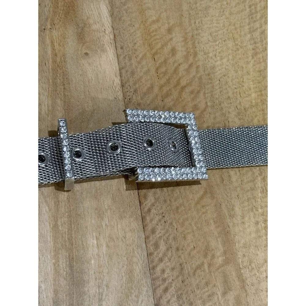 Vintage Mesh Belt Silver Tone Rhinestone Buckle Size Small- Medium Belt
